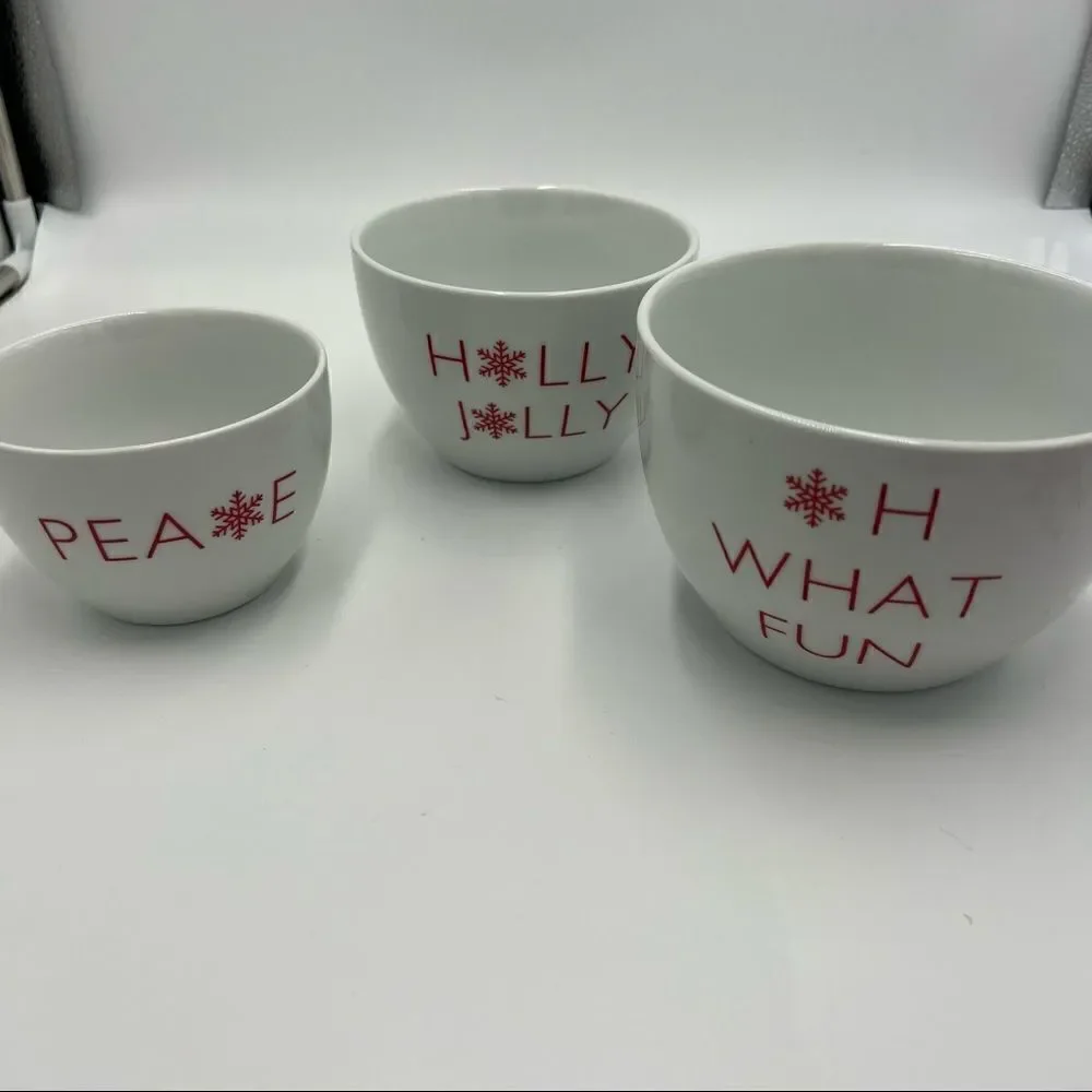 Set of 3 Crate & Barrel Ceramic Small Nesting Bowls. Holiday Nesting Bowls.
